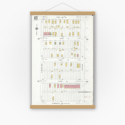 Old map wall art mockup — magnetic wood frame on white wall — Sanborn Fire Insurance Map from Chicago, Cook County, Illinois (1920), Sheet #0063