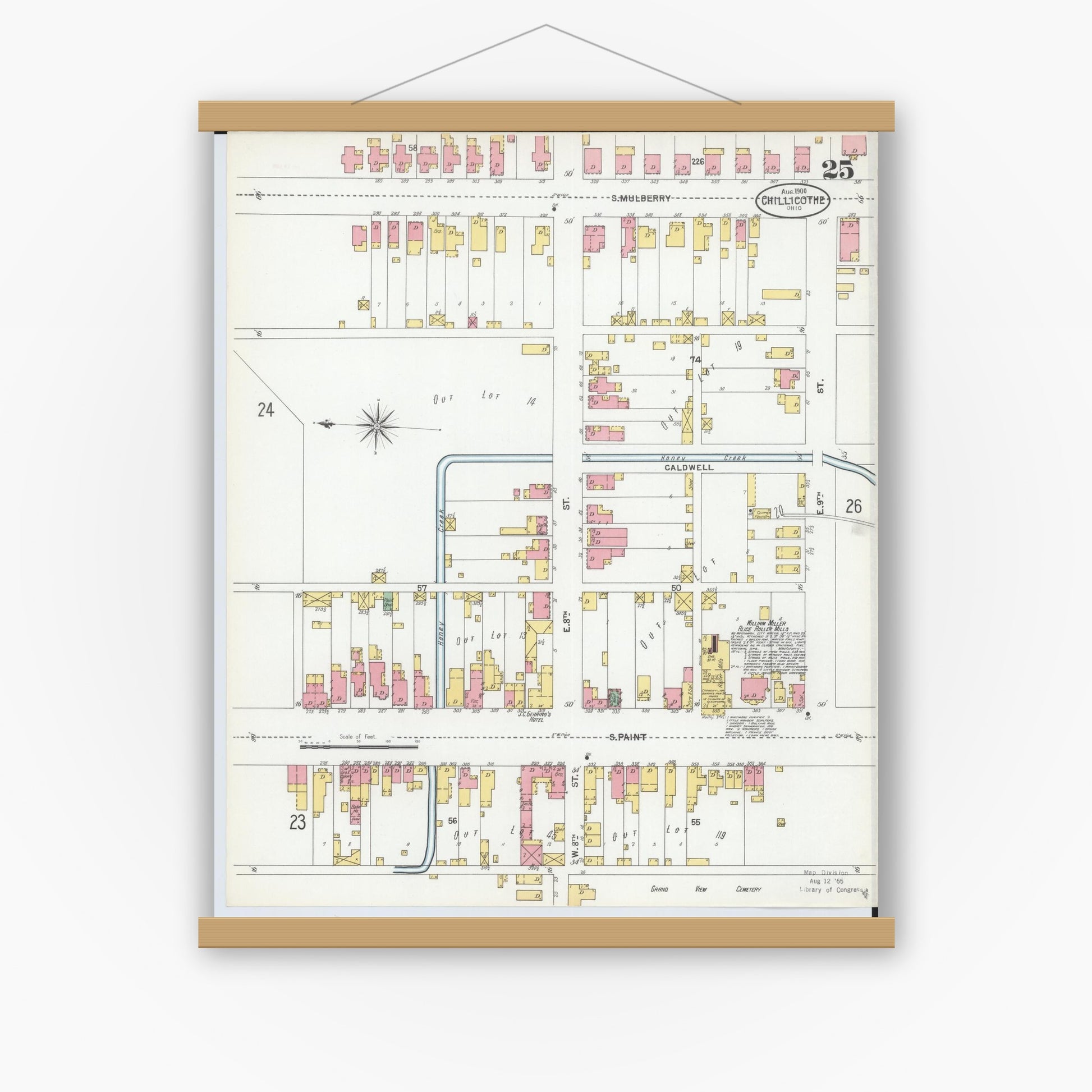 Old map wall art mockup — magnetic wood frame on white wall — Sanborn Fire Insurance Map from Chillicothe, Ross County, Ohio (1900), Sheet #0025