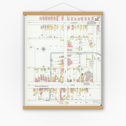 Old map wall art mockup — magnetic wood frame on white wall — Sanborn Fire Insurance Map from Chillicothe, Ross County, Ohio (1900), Sheet #0025