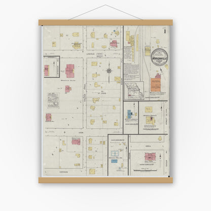 Old map wall art mockup — magnetic wood frame on white wall — Sanborn Fire Insurance Map from Marionville, Lawrence County, Missouri (1918), Sheet #0001