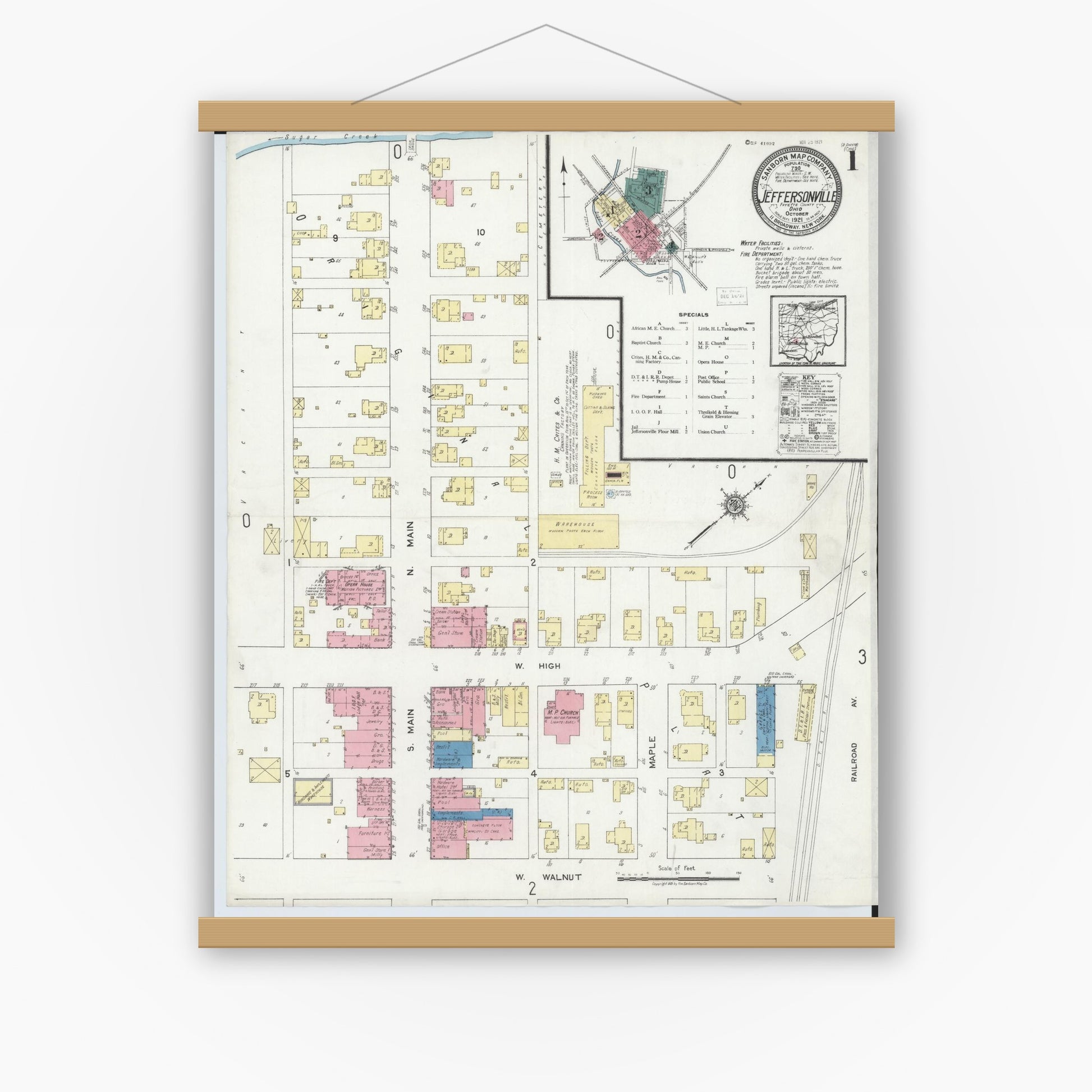 Old map wall art mockup — magnetic wood frame on white wall — Sanborn Fire Insurance Map from Jeffersonville, Fayette County, Ohio (1921) - Complete Map Set