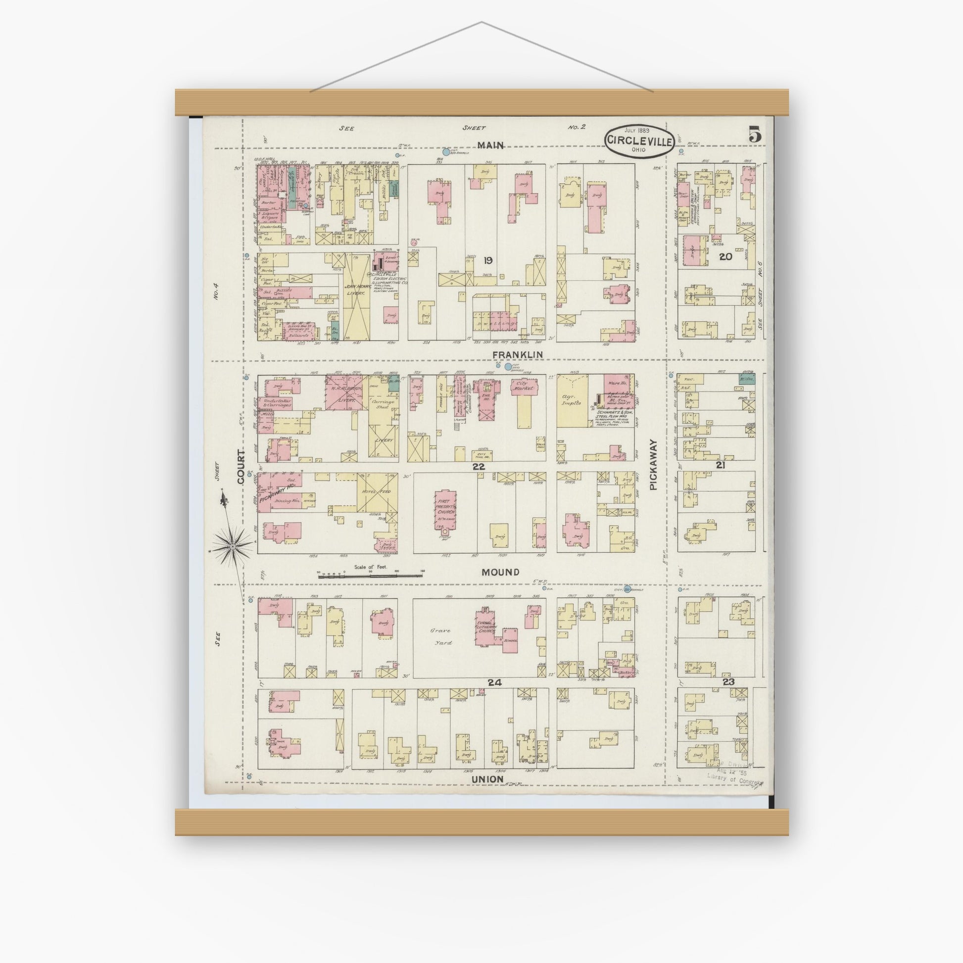 Old map wall art mockup — magnetic wood frame on white wall — Sanborn Fire Insurance Map from Circleville, Pickaway County, Ohio (1889), Sheet #0005