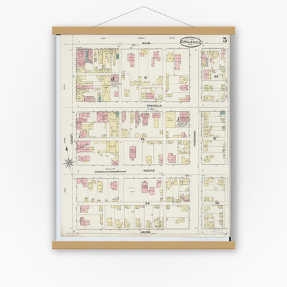 Old map wall art mockup — magnetic wood frame on white wall — Sanborn Fire Insurance Map from Circleville, Pickaway County, Ohio (1889), Sheet #0005