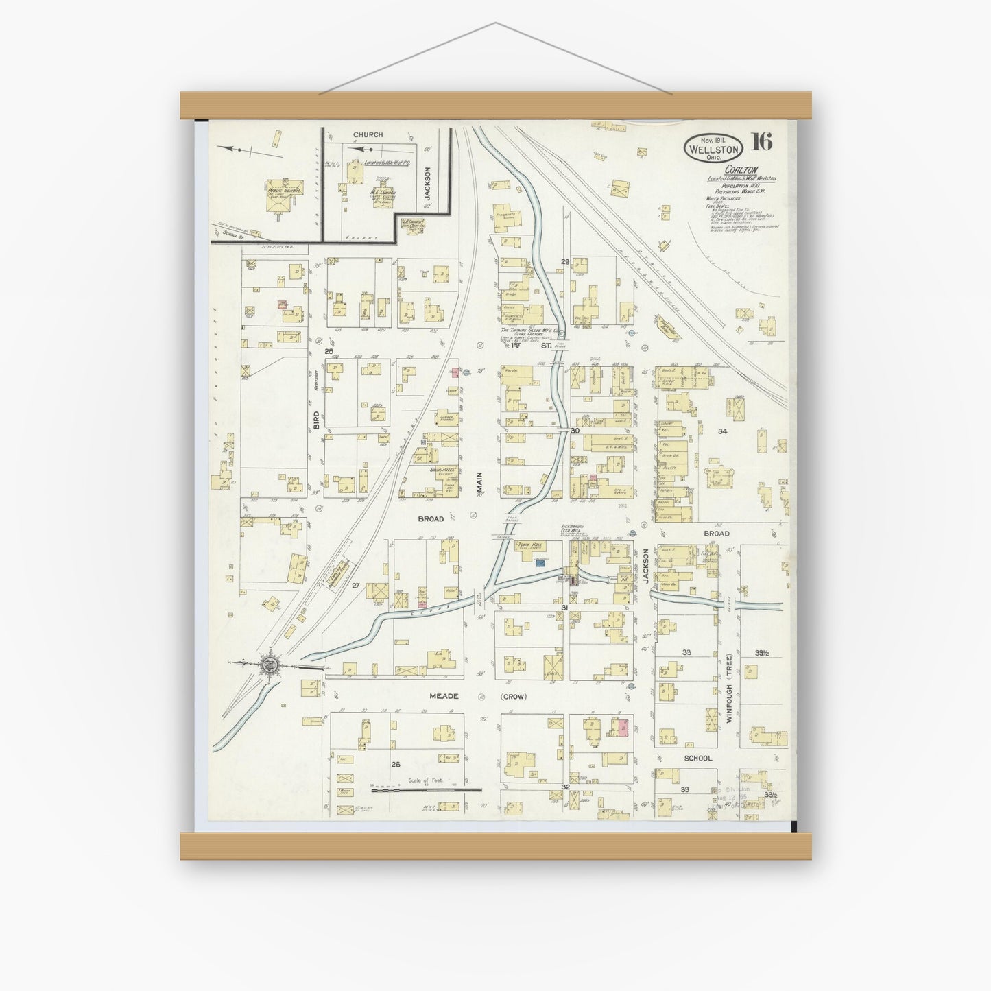 Old map wall art mockup — magnetic wood frame on white wall — Sanborn Fire Insurance Map from Wellston, Jackson County, Ohio (1911), Sheet #0016
