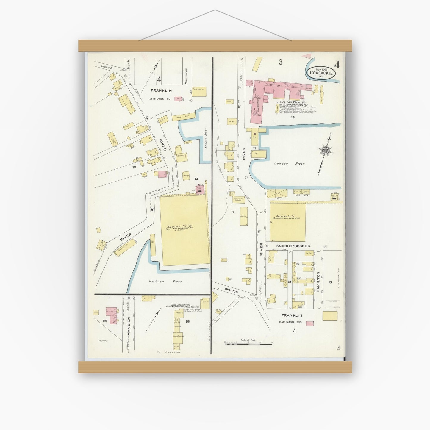 Old map wall art mockup — magnetic wood frame on white wall — Sanborn Fire Insurance Map from Coxsackie, Greene County, New York (1909), Sheet #0004