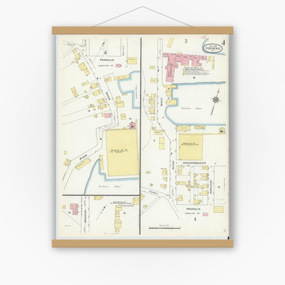 Old map wall art mockup — magnetic wood frame on white wall — Sanborn Fire Insurance Map from Coxsackie, Greene County, New York (1909), Sheet #0004