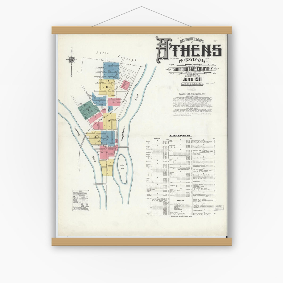 Old map wall art mockup — magnetic wood frame on white wall — Sanborn Fire Insurance Map from Athens, Bradford County, Pennsylvania (1911) - Complete Map Set
