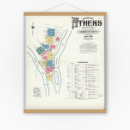 Old map wall art mockup — magnetic wood frame on white wall — Sanborn Fire Insurance Map from Athens, Bradford County, Pennsylvania (1911) - Complete Map Set