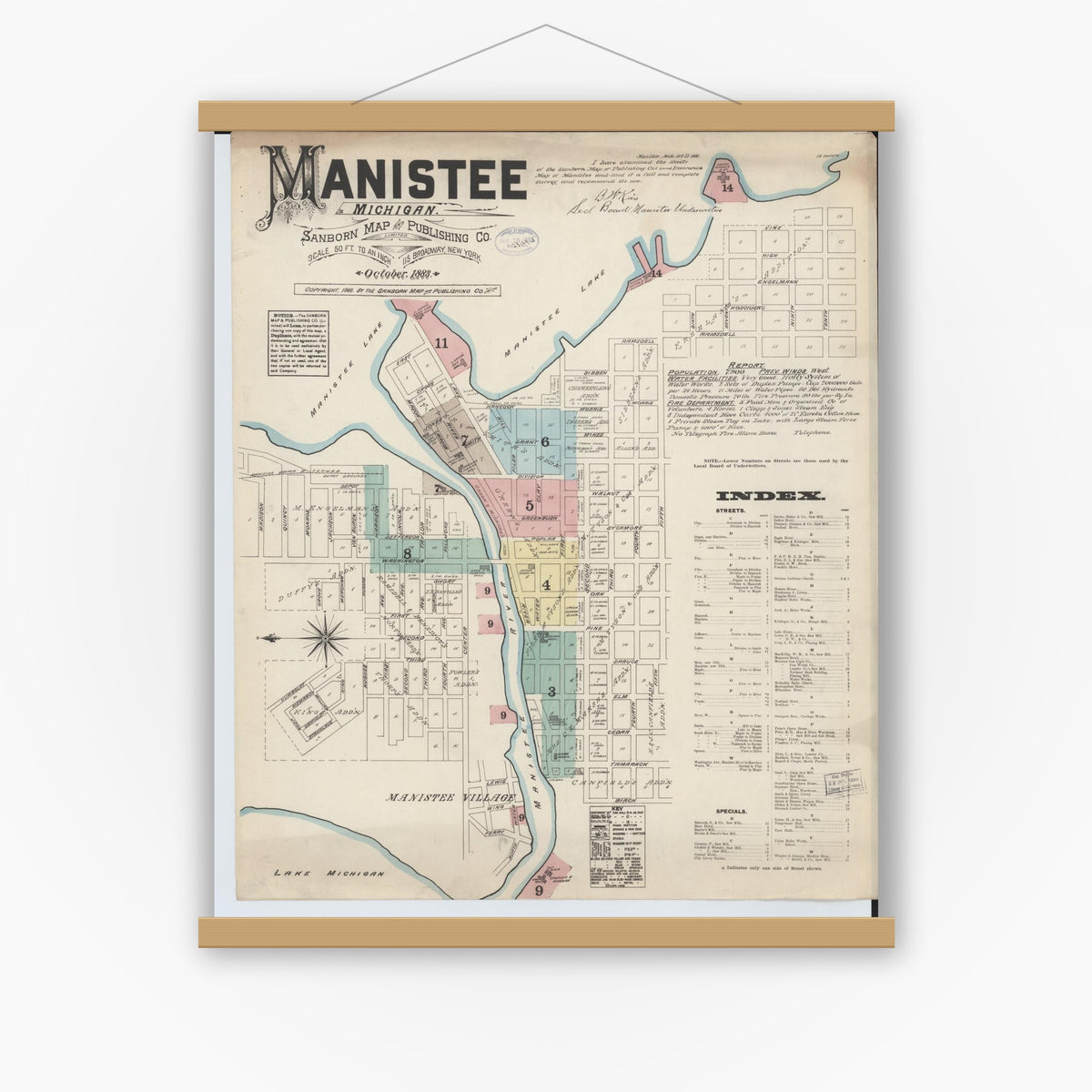 Old map wall art mockup — magnetic wood frame on white wall — Sanborn Fire Insurance Map from Manistee, Manistee County, Michigan (1883), Sheet #0001