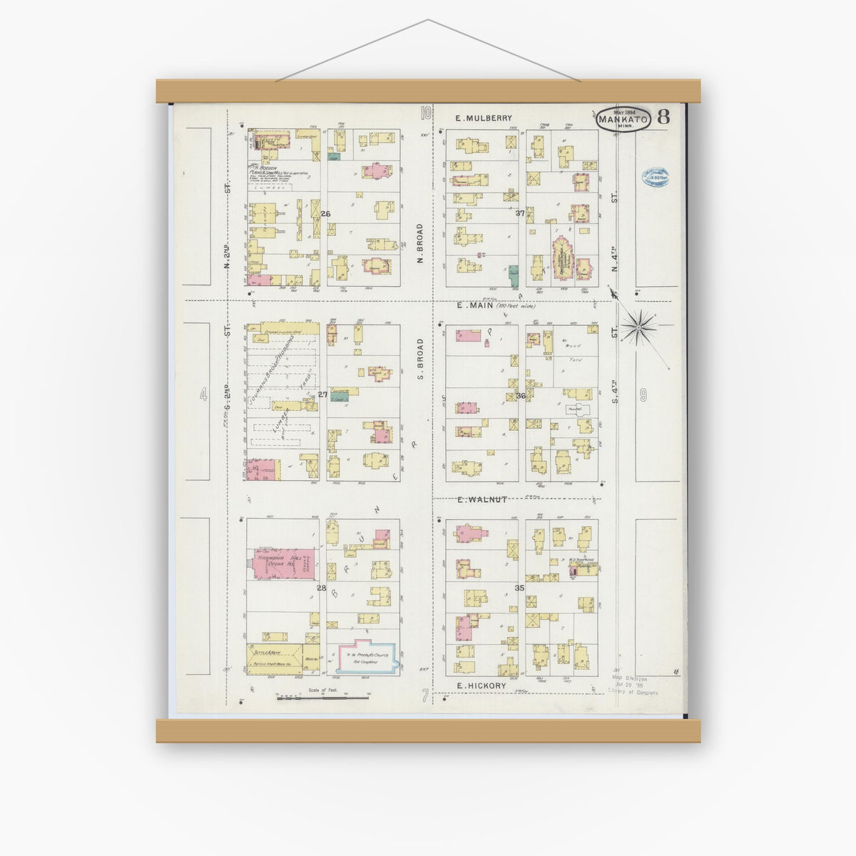 Old map wall art mockup — magnetic wood frame on white wall — Sanborn Fire Insurance Map from Mankato, Blue Earth County, Minnesota (1894), Sheet #0008