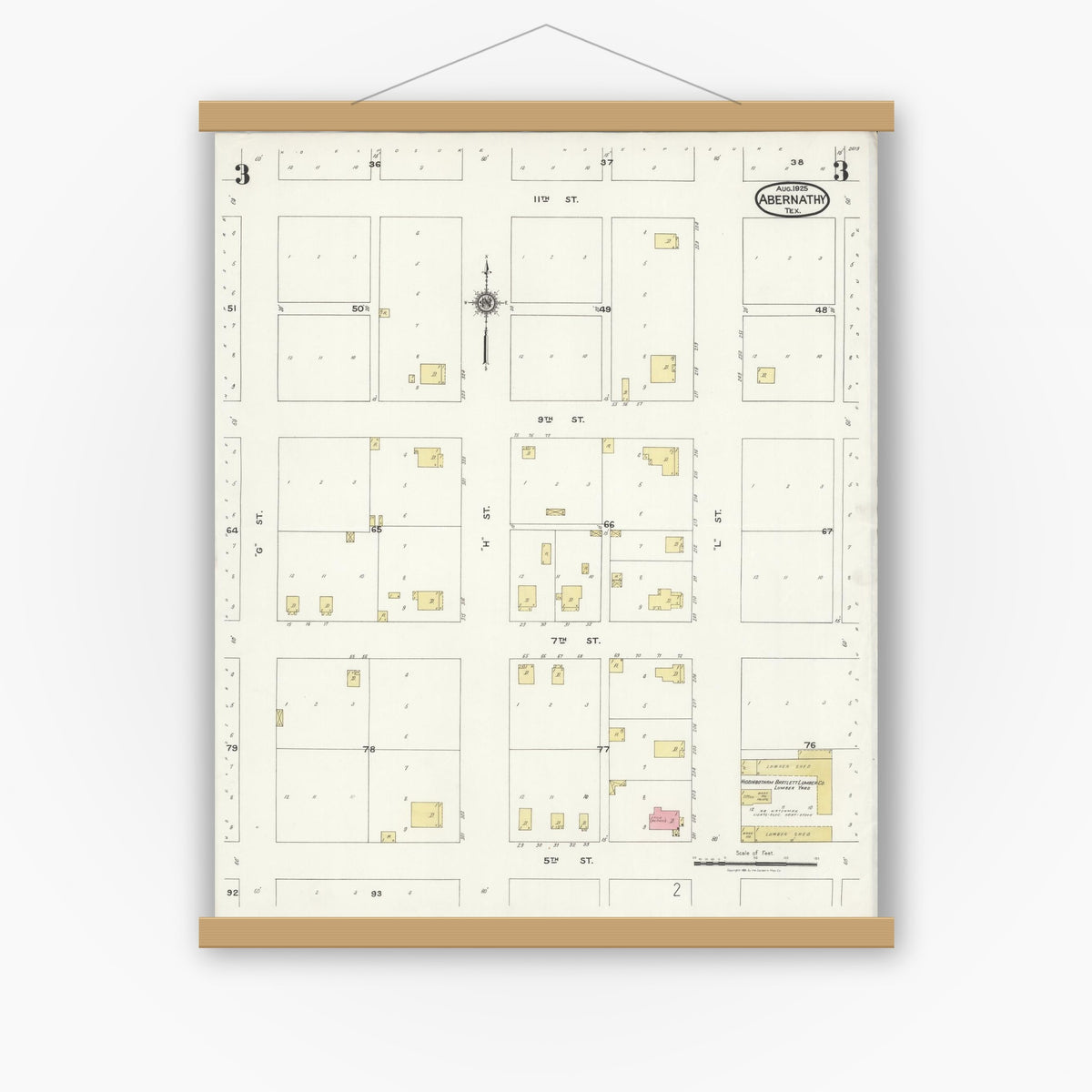 Old map wall art mockup — magnetic wood frame on white wall — Sanborn Fire Insurance Map from Abernathy, Hale County, Texas (1925), Sheet #0003