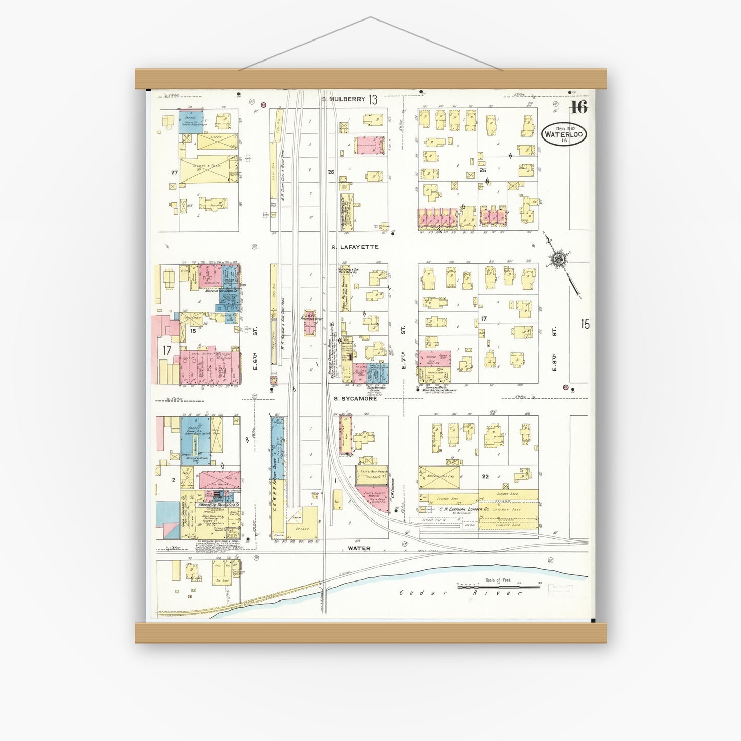Old map wall art mockup — magnetic wood frame on white wall — Sanborn Fire Insurance Map from Waterloo, Black Hawk County, Iowa (1910), Sheet #0016