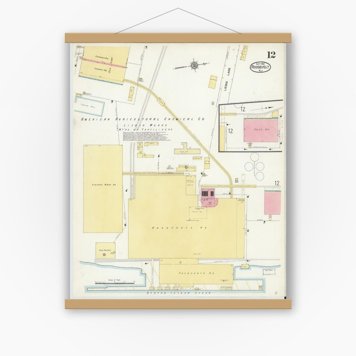 Old map wall art mockup — magnetic wood frame on white wall — Sanborn Fire Insurance Map from Roosevelt, Middlesex County, New Jersey (1912), Sheet #0012