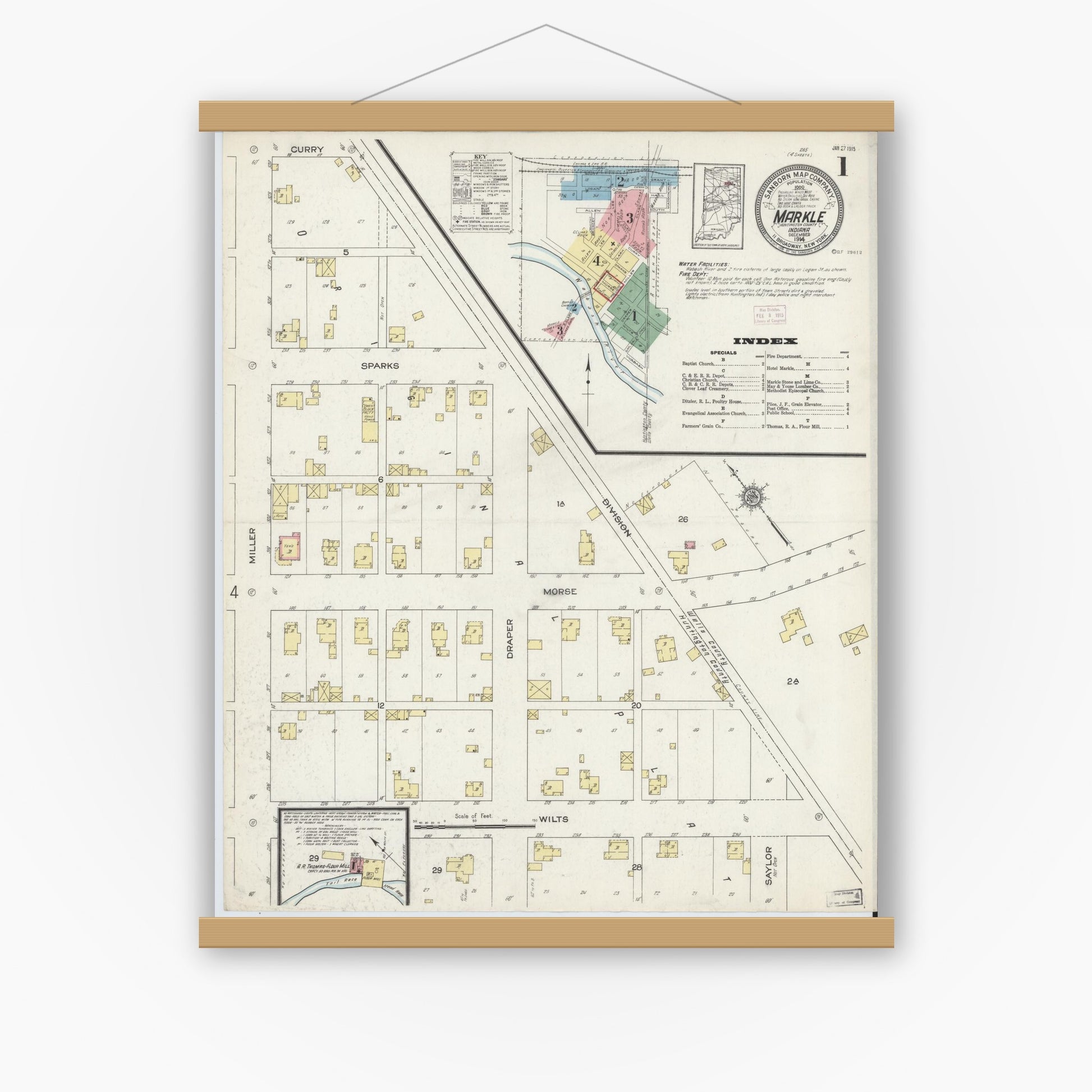 Old map wall art mockup — magnetic wood frame on white wall — Sanborn Fire Insurance Map from Markle, Huntington County, Indiana (1914) - Complete Map Set