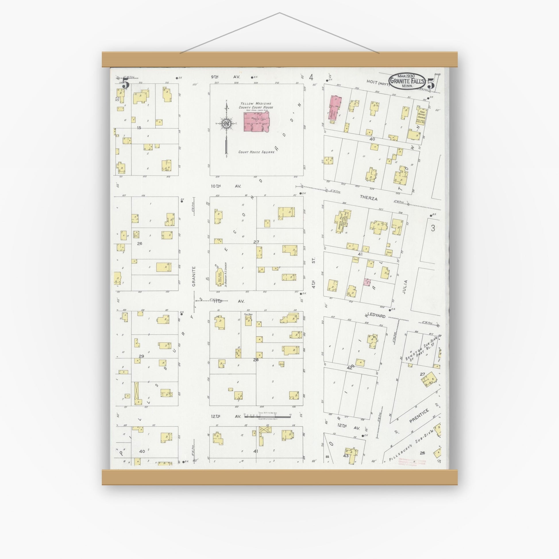 Old map wall art mockup — magnetic wood frame on white wall — Sanborn Fire Insurance Map from Granite Falls, Yellow Medicine And Chippewa Counties, Minnesota (1930), Sheet #0005