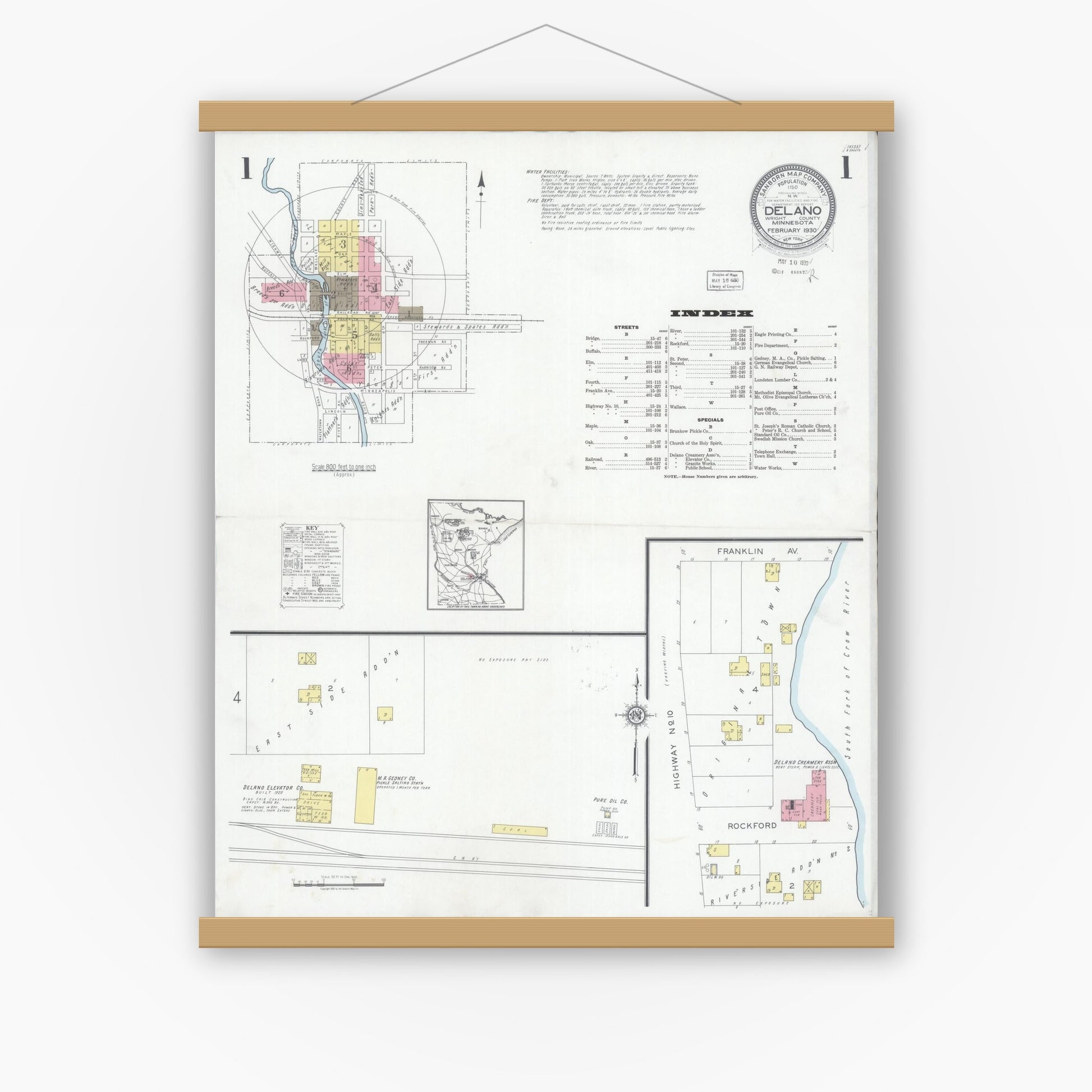 Old map wall art mockup — magnetic wood frame on white wall — Sanborn Fire Insurance Map from Delano, Wright County, Minnesota (1930), Sheet #0001