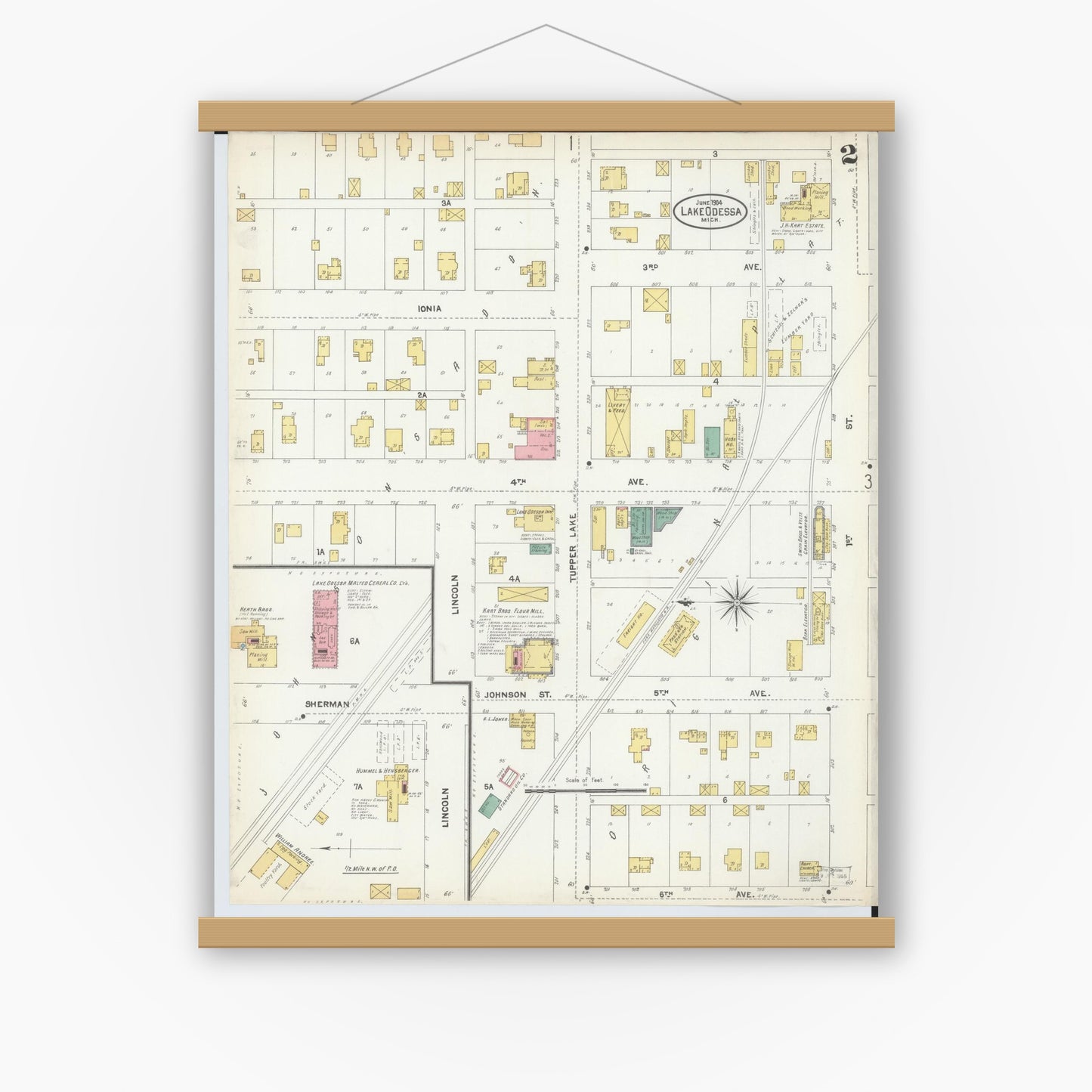 Old map wall art mockup — magnetic wood frame on white wall — Sanborn Fire Insurance Map from Lake Odessa, Ionia County, Michigan (1904), Sheet #0002