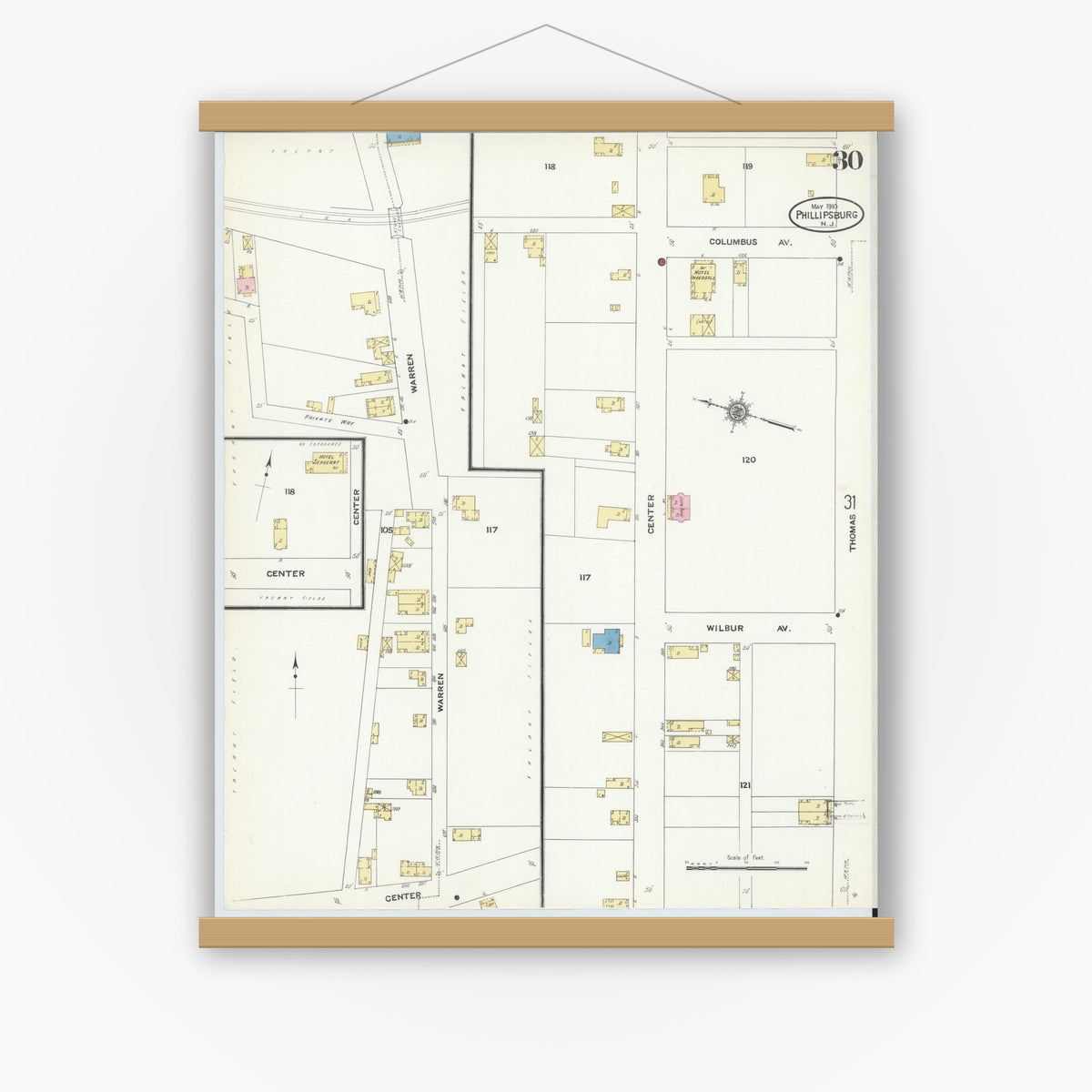 Old map wall art mockup — magnetic wood frame on white wall — Sanborn Fire Insurance Map from Phillipsburg, Warren County, New Jersey (1910), Sheet #0030