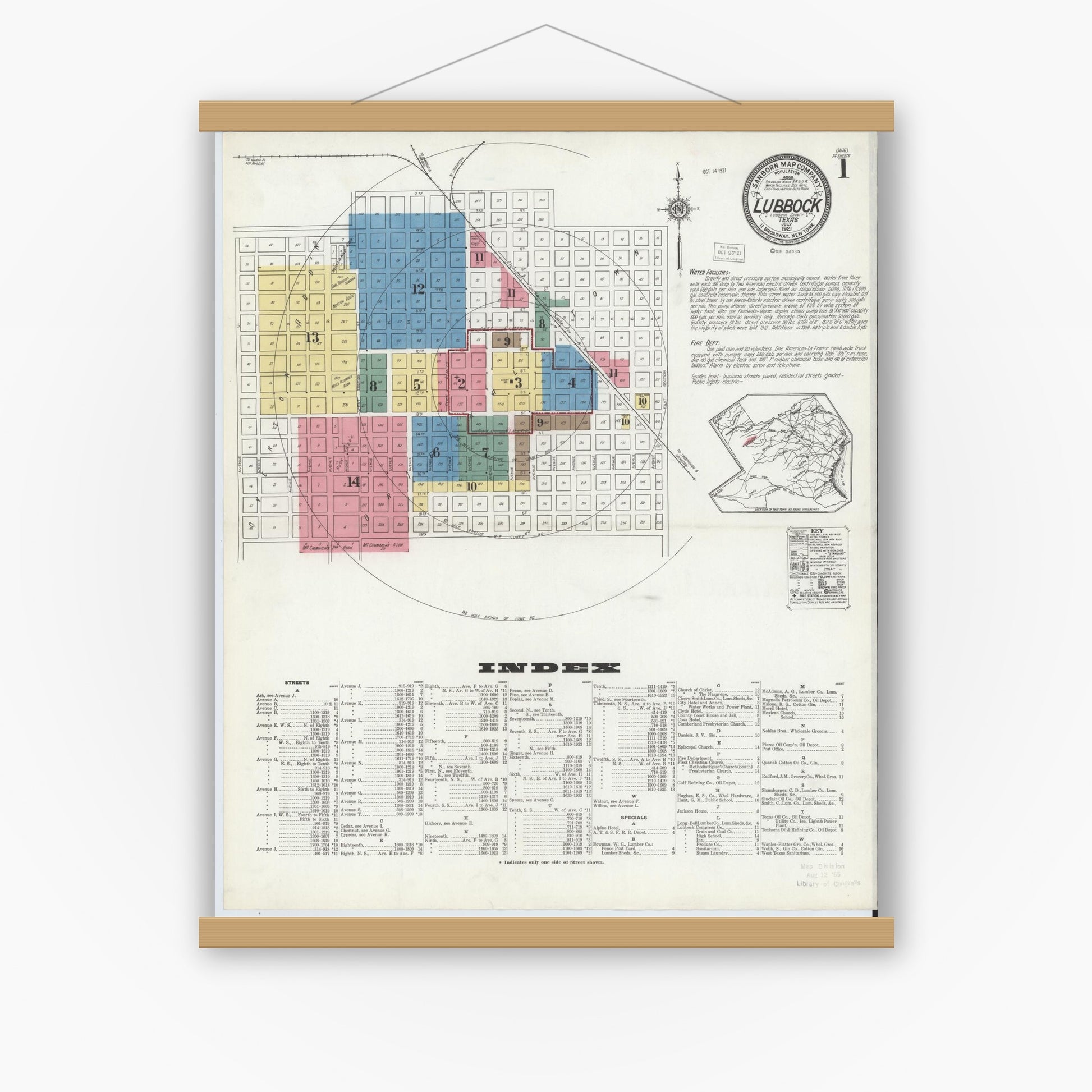 Old map wall art mockup — magnetic wood frame on white wall — Sanborn Fire Insurance Map from Lubbock, Lubbock County, Texas (1921), Sheet #0001