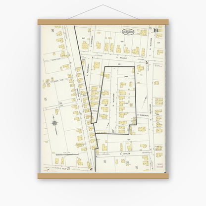 Old map wall art mockup — magnetic wood frame on white wall — Sanborn Fire Insurance Map from Goldsboro, Wayne County, North Carolina (1913), Sheet #0016