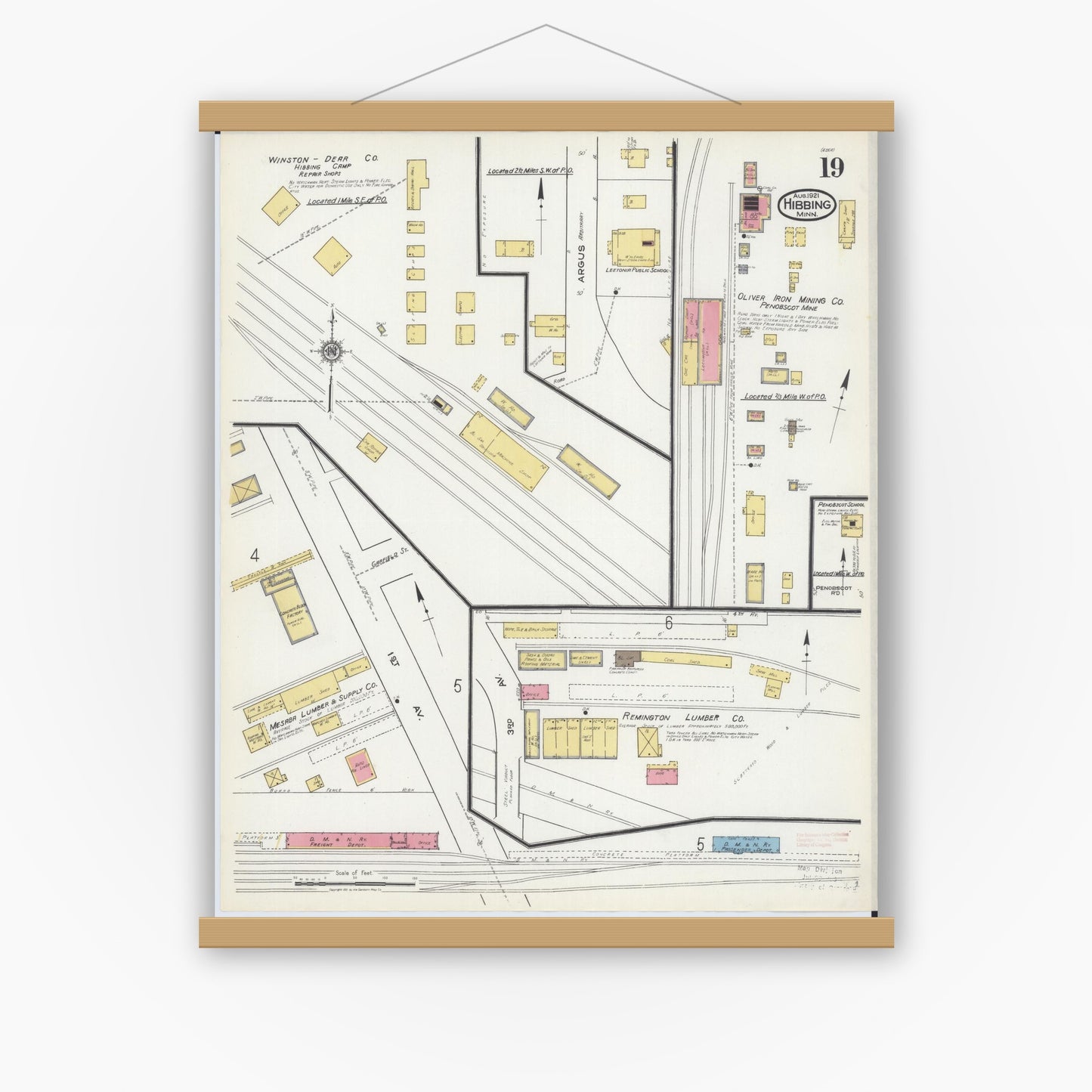 Old map wall art mockup — magnetic wood frame on white wall — Sanborn Fire Insurance Map from Hibbing, Saint Louis County, Minnesota (1921), Sheet #0019
