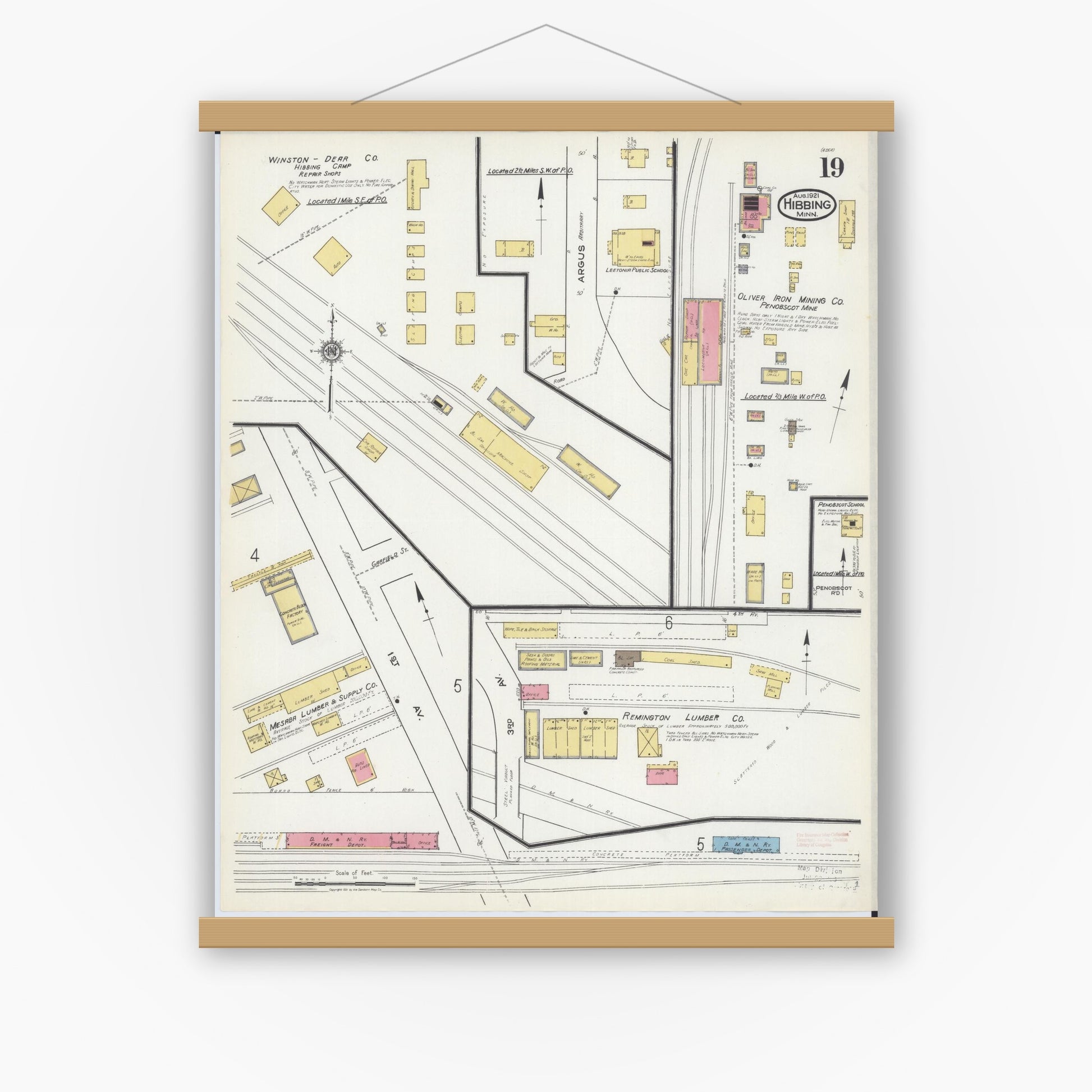 Old map wall art mockup — magnetic wood frame on white wall — Sanborn Fire Insurance Map from Hibbing, Saint Louis County, Minnesota (1921), Sheet #0019