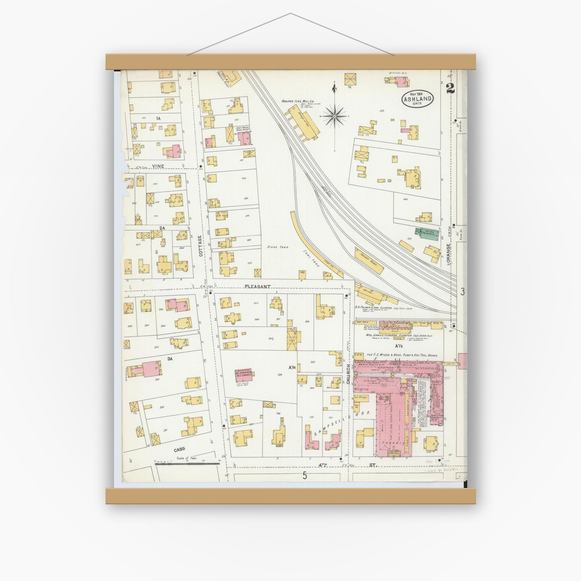 Old map wall art mockup — magnetic wood frame on white wall — Sanborn Fire Insurance Map from Ashland, Ashland County, Ohio (1904), Sheet #0002