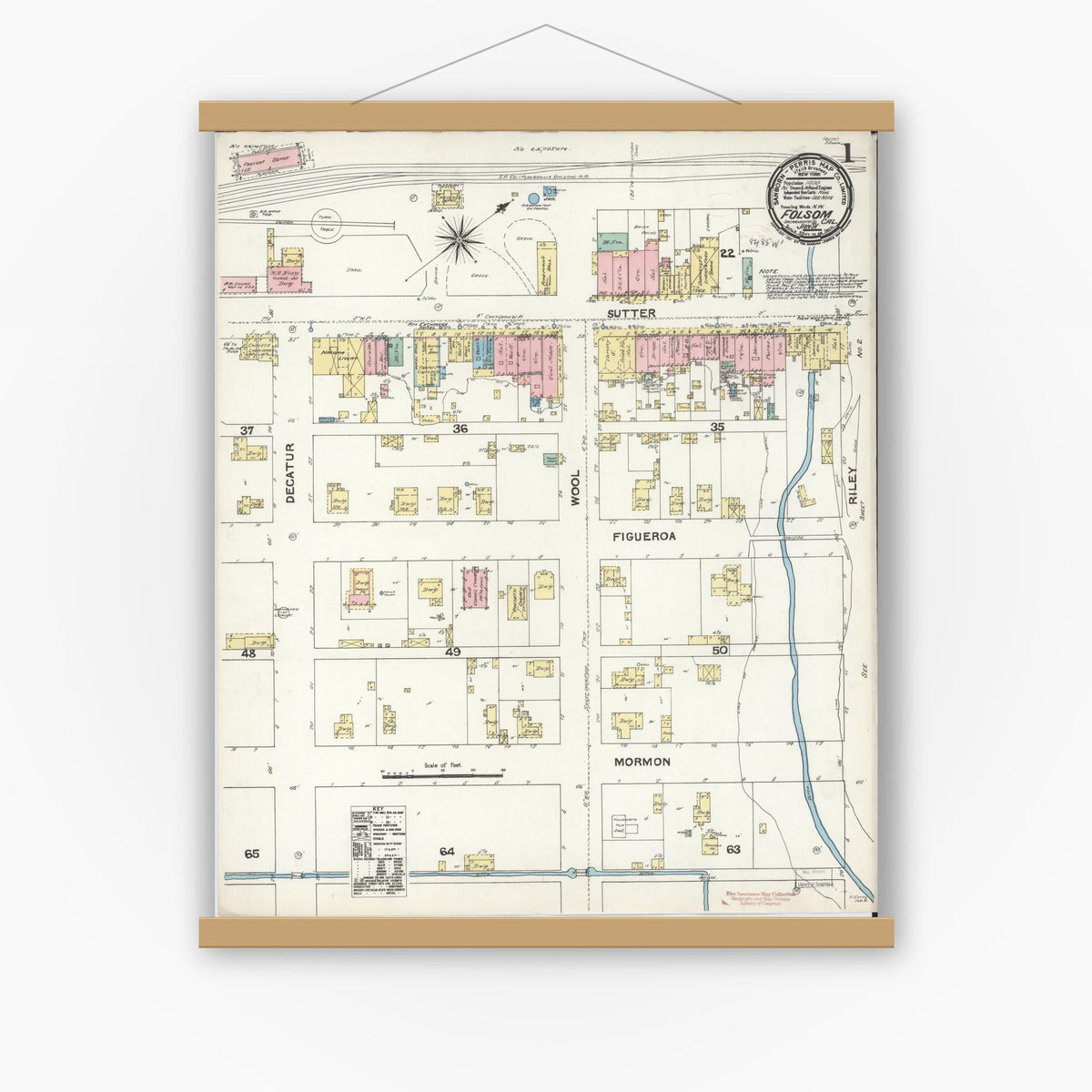 Old map wall art mockup — magnetic wood frame on white wall — Sanborn Fire Insurance Map from Folsom, Sacramento County, California (1891) - Complete Map Set