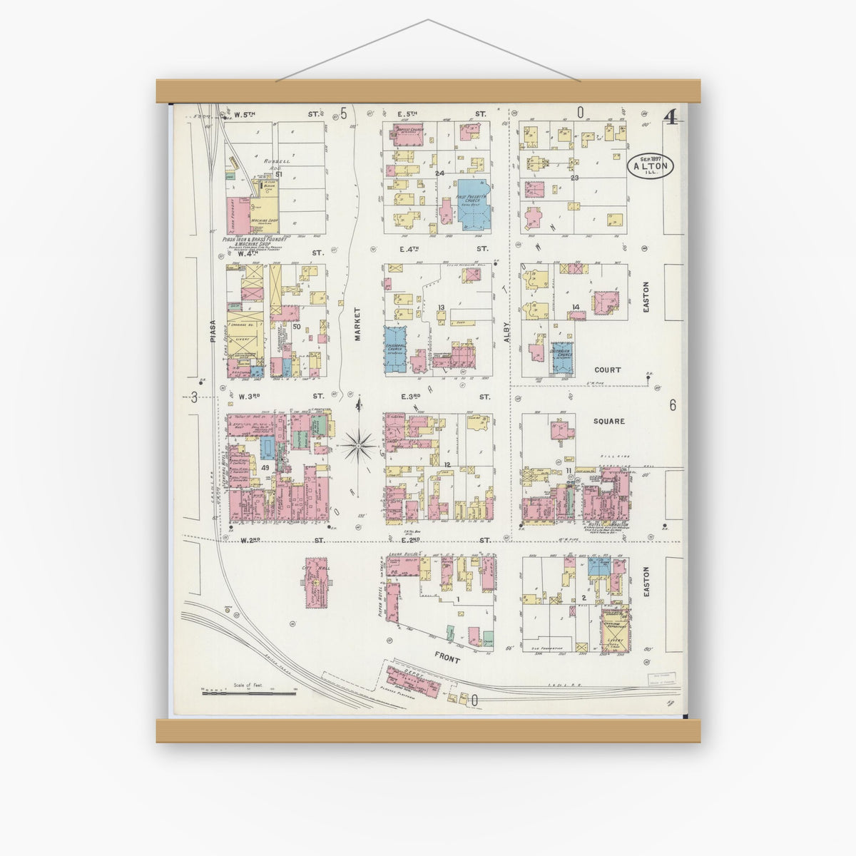 Old map wall art mockup — magnetic wood frame on white wall — Sanborn Fire Insurance Map from Alton, Madison County, Illinois (1897), Sheet #0004