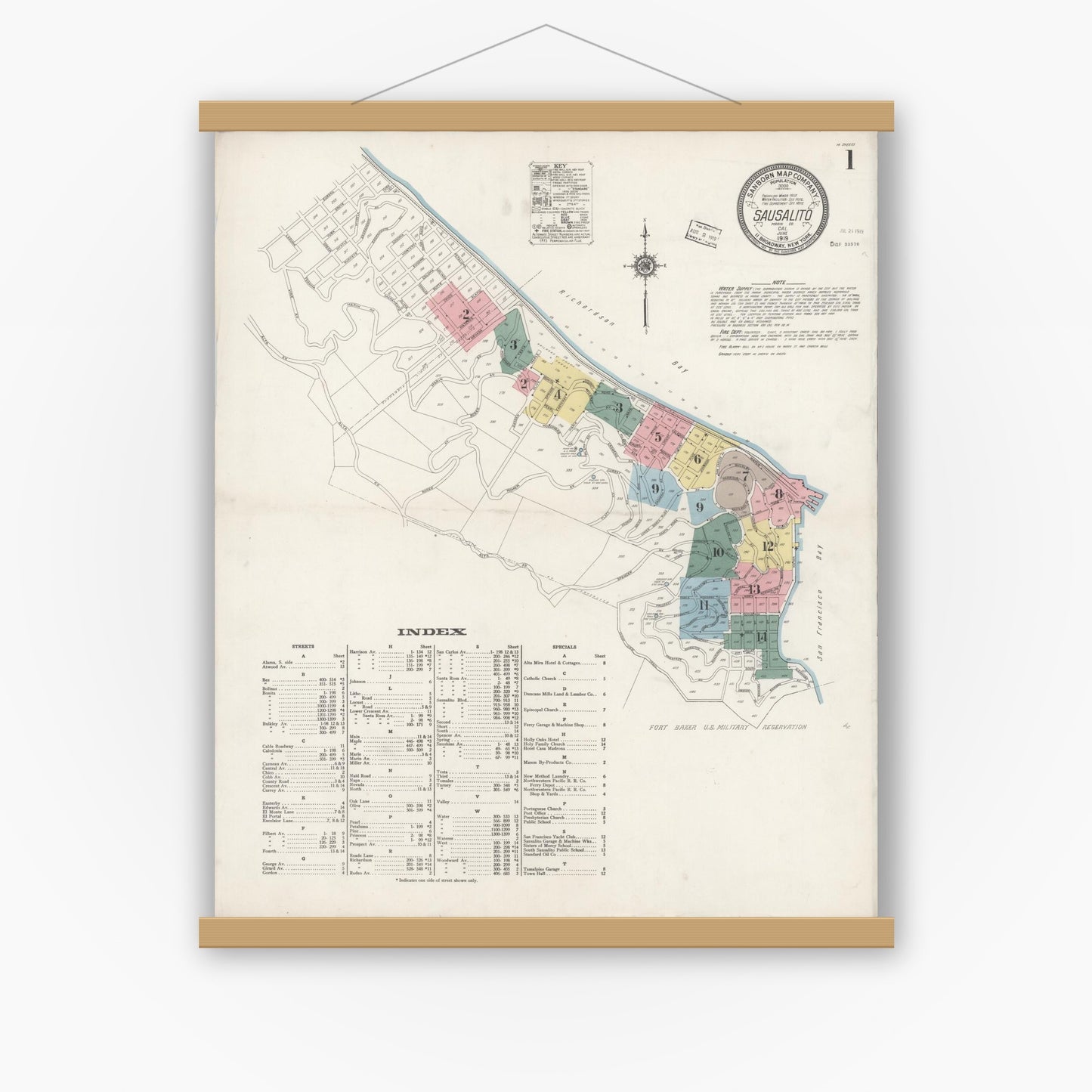 Old map wall art mockup — magnetic wood frame on white wall — Sanborn Fire Insurance Map from Sausalito, Marin County, California (1919) - Complete Map Set