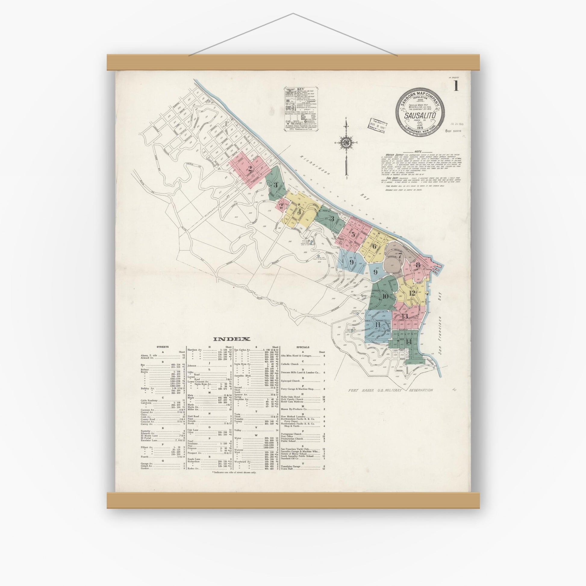 Old map wall art mockup — magnetic wood frame on white wall — Sanborn Fire Insurance Map from Sausalito, Marin County, California (1919) - Complete Map Set