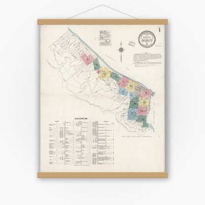 Old map wall art mockup — magnetic wood frame on white wall — Sanborn Fire Insurance Map from Sausalito, Marin County, California (1919) - Complete Map Set