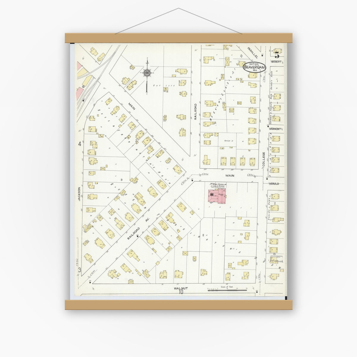 Old map wall art mockup — magnetic wood frame on white wall — Sanborn Fire Insurance Map from Beaver Dam, Dodge County, Wisconsin (1914), Sheet #0005