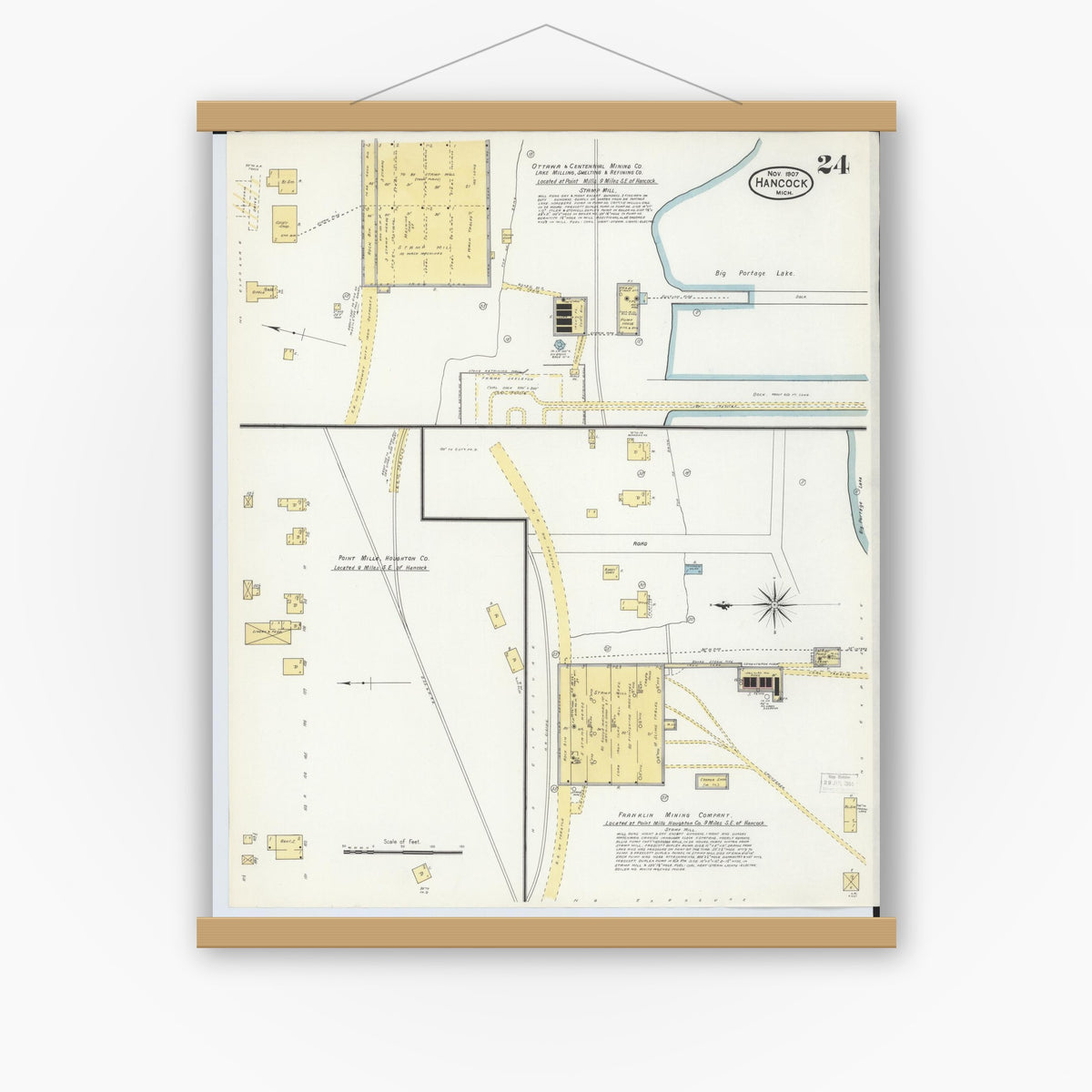 Old map wall art mockup — magnetic wood frame on white wall — Sanborn Fire Insurance Map from Hancock, Houghton County, Michigan (1907), Sheet #0024