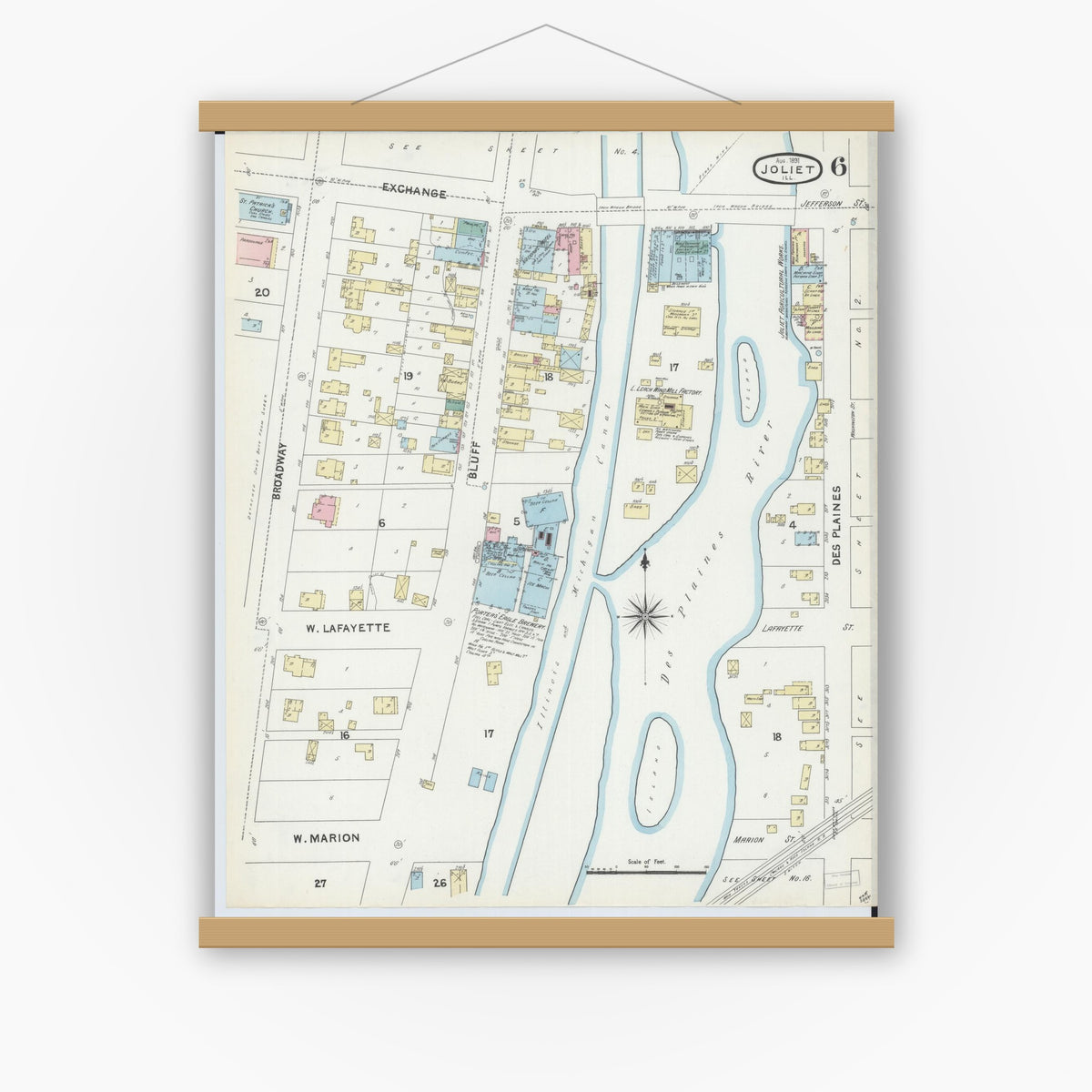 Old map wall art mockup — magnetic wood frame on white wall — Sanborn Fire Insurance Map from Joliet, Will County, Illinois (1891), Sheet #0006