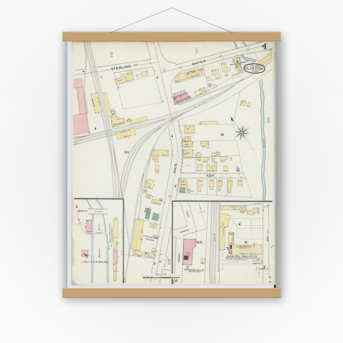 Old map wall art mockup — magnetic wood frame on white wall — Sanborn Fire Insurance Map from Clinton, Worcester County, Massachusetts (1894), Sheet #0004