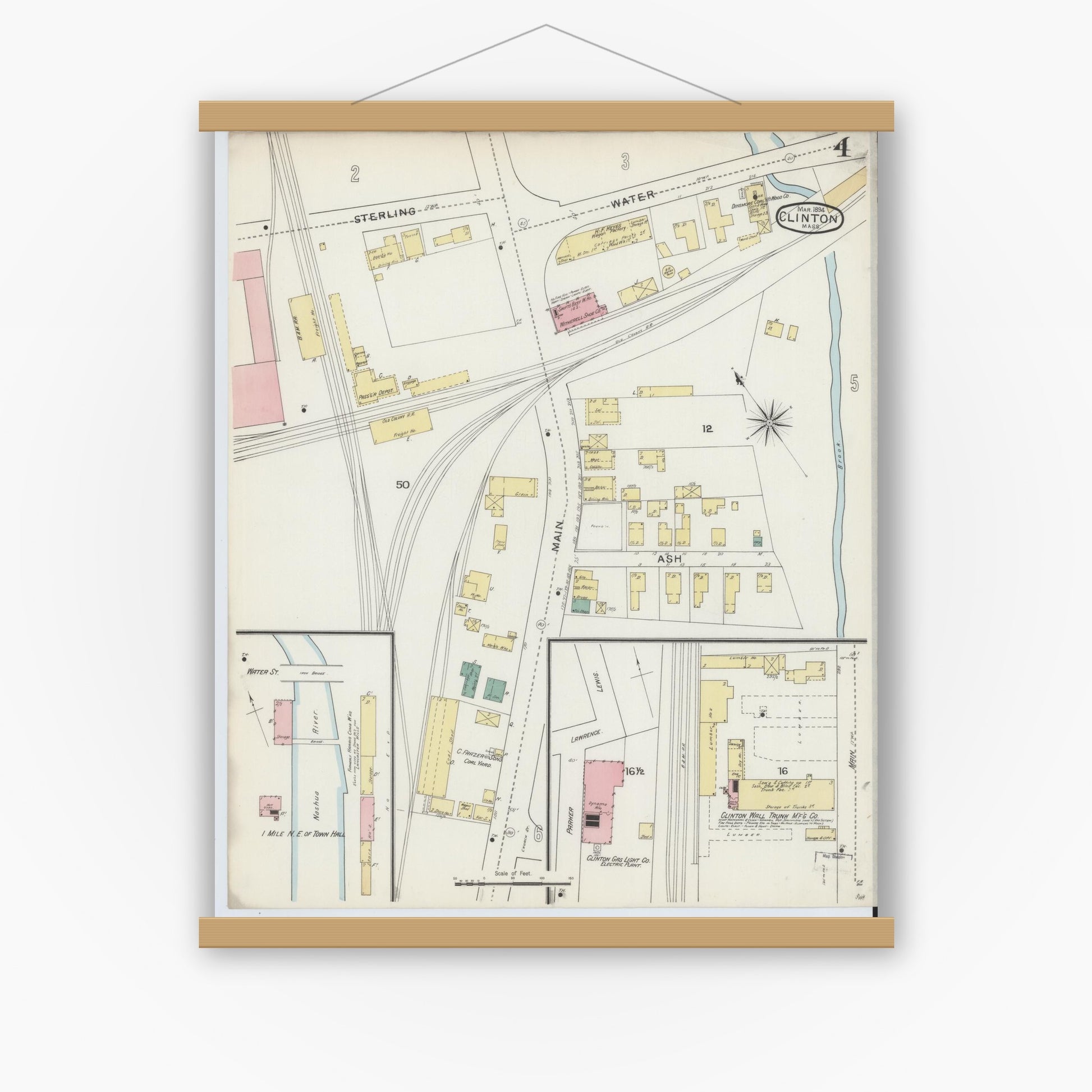 Old map wall art mockup — magnetic wood frame on white wall — Sanborn Fire Insurance Map from Clinton, Worcester County, Massachusetts (1894), Sheet #0004