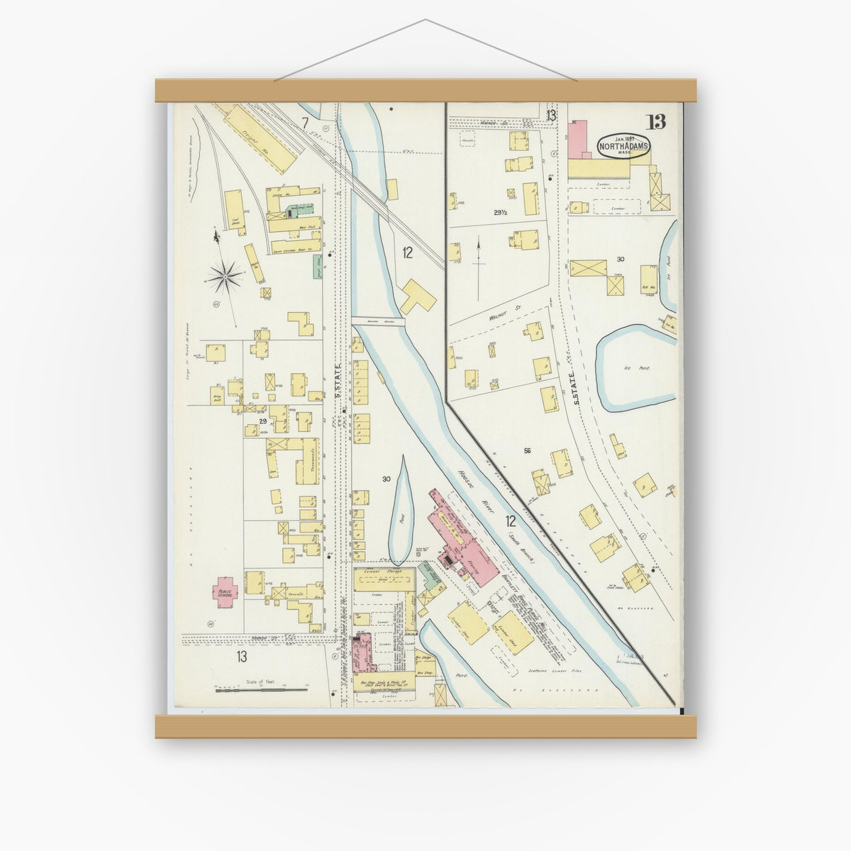 Old map wall art mockup — magnetic wood frame on white wall — Sanborn Fire Insurance Map from North Adams, Berkshire County, Massachusetts (1897), Sheet #0013