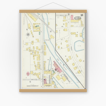 Old map wall art mockup — magnetic wood frame on white wall — Sanborn Fire Insurance Map from North Adams, Berkshire County, Massachusetts (1897), Sheet #0013