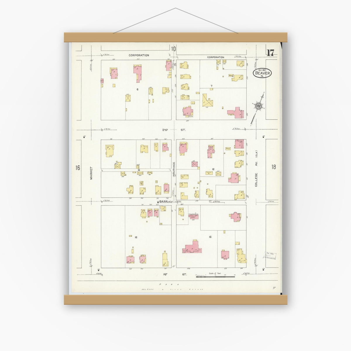 Old map wall art mockup — magnetic wood frame on white wall — Sanborn Fire Insurance Map from Beaver, Beaver County, Pennsylvania (1912), Sheet #0017