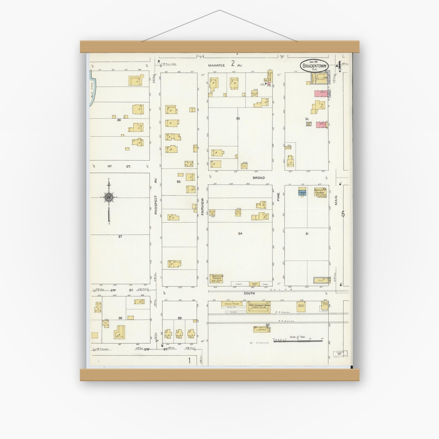 Old map wall art mockup — magnetic wood frame on white wall — Sanborn Fire Insurance Map from Bradentown, Manatee County, Florida (1911), Sheet #0004