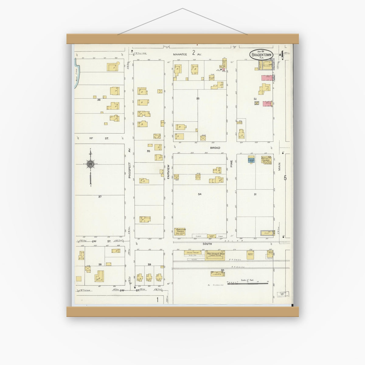 Old map wall art mockup — magnetic wood frame on white wall — Sanborn Fire Insurance Map from Bradentown, Manatee County, Florida (1911), Sheet #0004