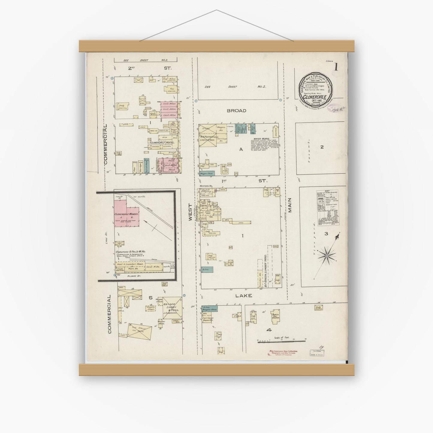 Old map wall art mockup — magnetic wood frame on white wall — Sanborn Fire Insurance Map from Cloverdale, Sonoma County, California (1885), Sheet #0001
