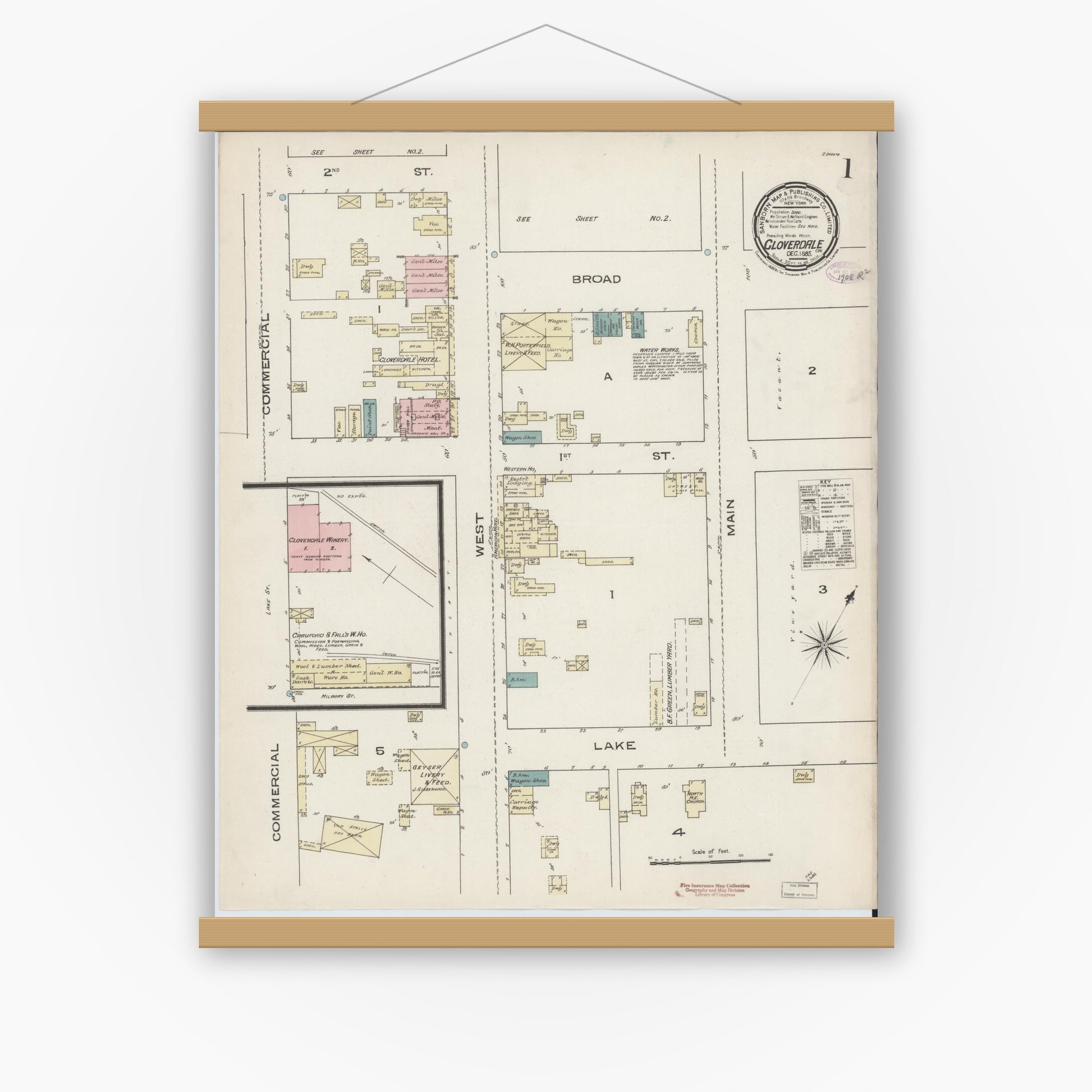 Old map wall art mockup — magnetic wood frame on white wall — Sanborn Fire Insurance Map from Cloverdale, Sonoma County, California (1885), Sheet #0001