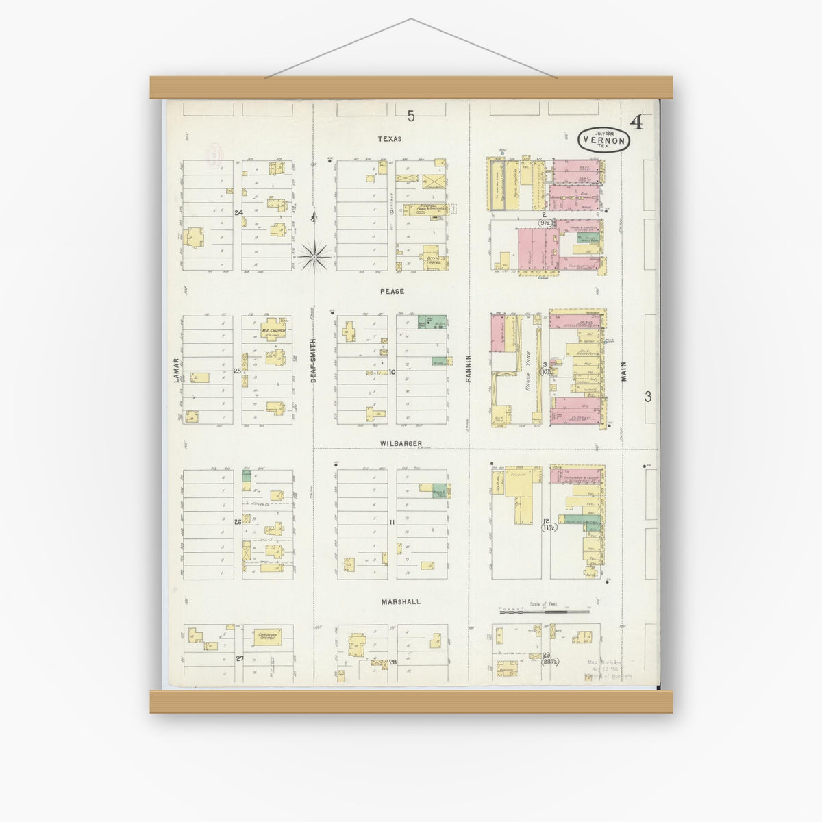 Old map wall art mockup — magnetic wood frame on white wall — Sanborn Fire Insurance Map from Vernon, Wilbarger County, Texas (1896), Sheet #0004