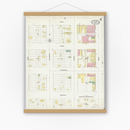 Old map wall art mockup — magnetic wood frame on white wall — Sanborn Fire Insurance Map from Vernon, Wilbarger County, Texas (1896), Sheet #0004