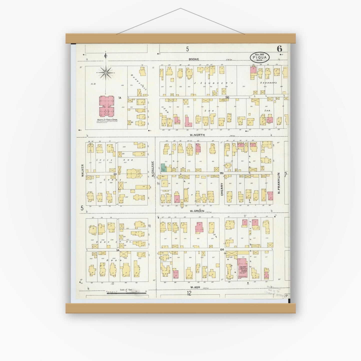 Old map wall art mockup — magnetic wood frame on white wall — Sanborn Fire Insurance Map from Piqua, Miami County, Ohio (1905), Sheet #0006