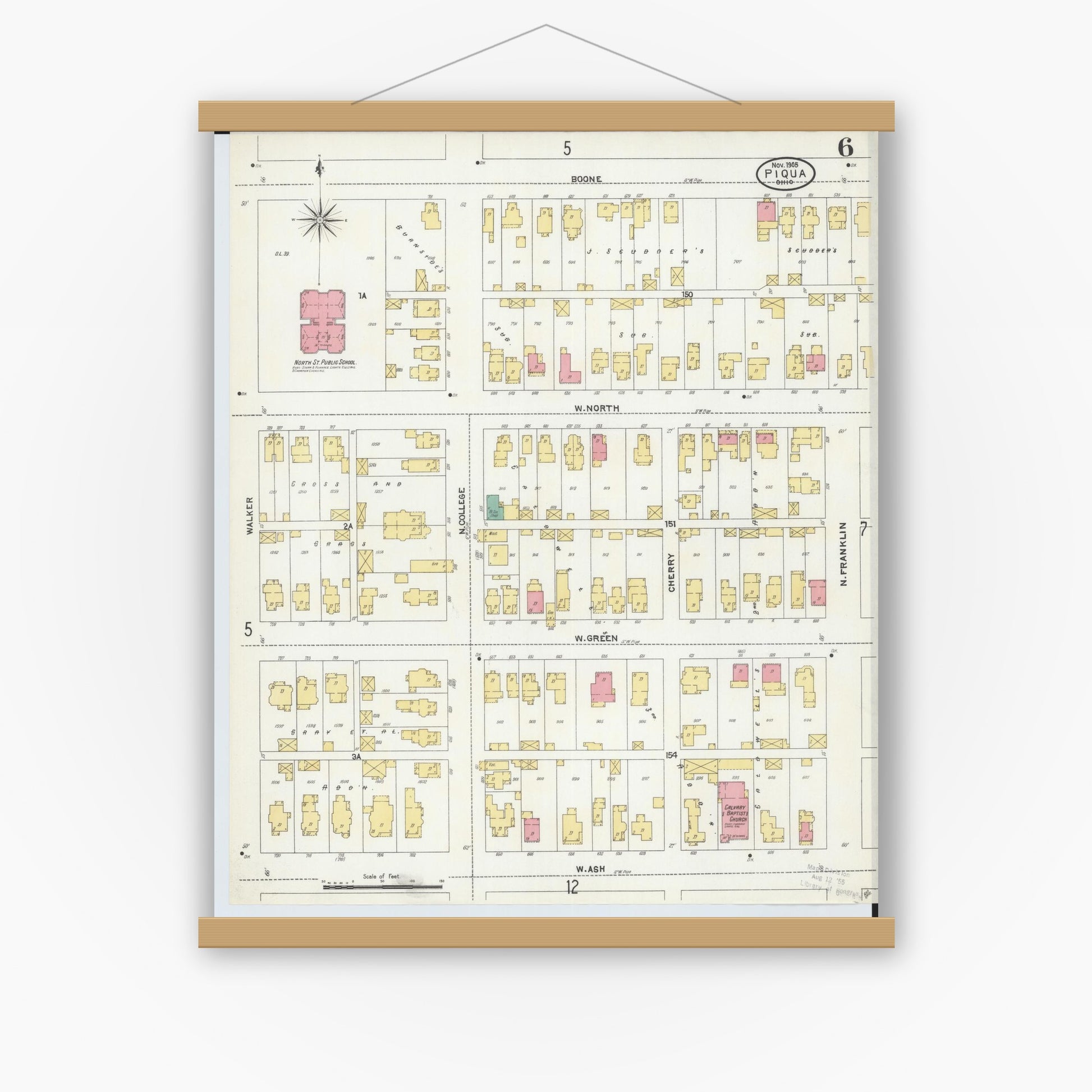 Old map wall art mockup — magnetic wood frame on white wall — Sanborn Fire Insurance Map from Piqua, Miami County, Ohio (1905), Sheet #0006