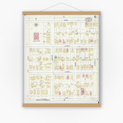 Old map wall art mockup — magnetic wood frame on white wall — Sanborn Fire Insurance Map from Piqua, Miami County, Ohio (1905), Sheet #0006