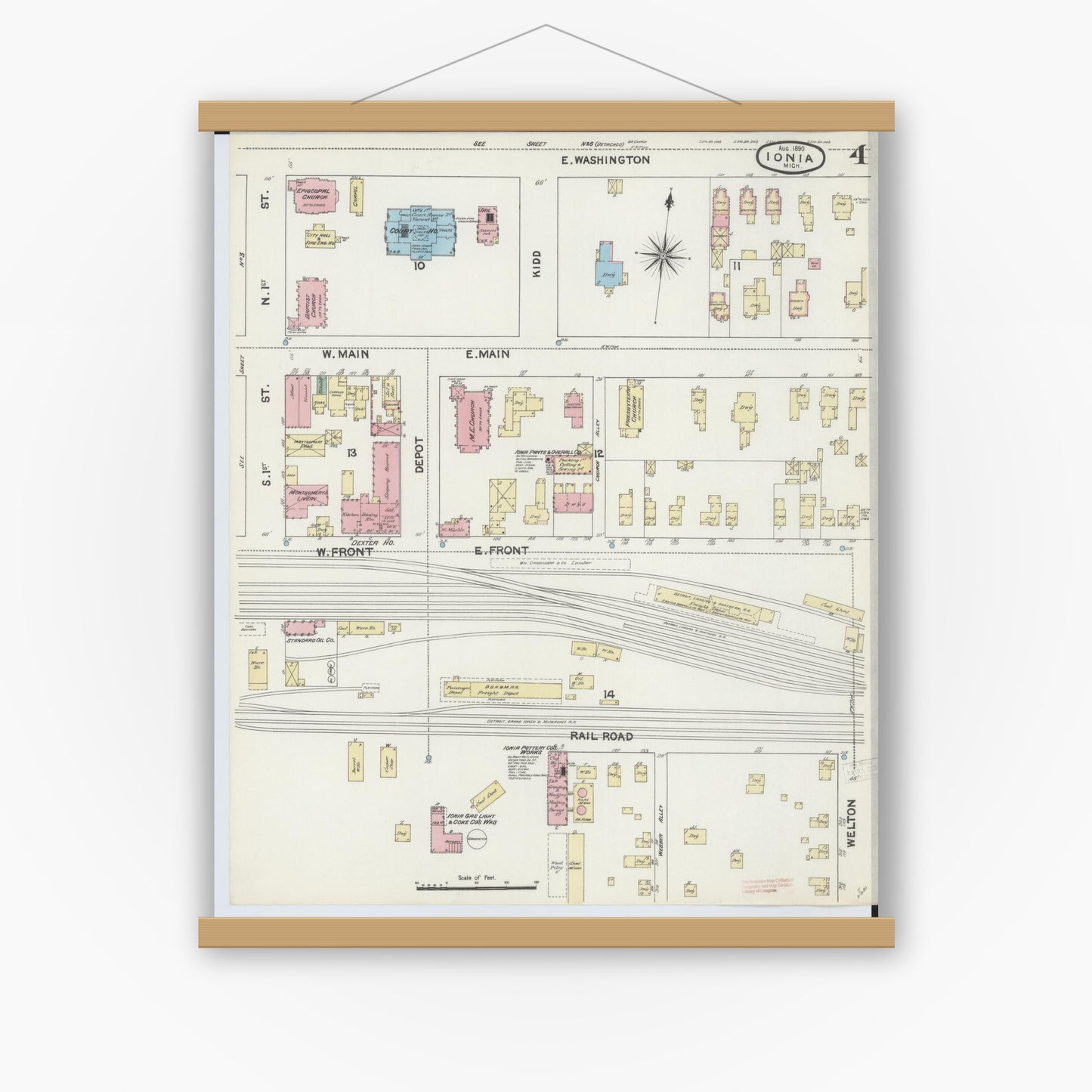 Old map wall art mockup — magnetic wood frame on white wall — Sanborn Fire Insurance Map from Ionia, Ionia County, Michigan (1890), Sheet #0004